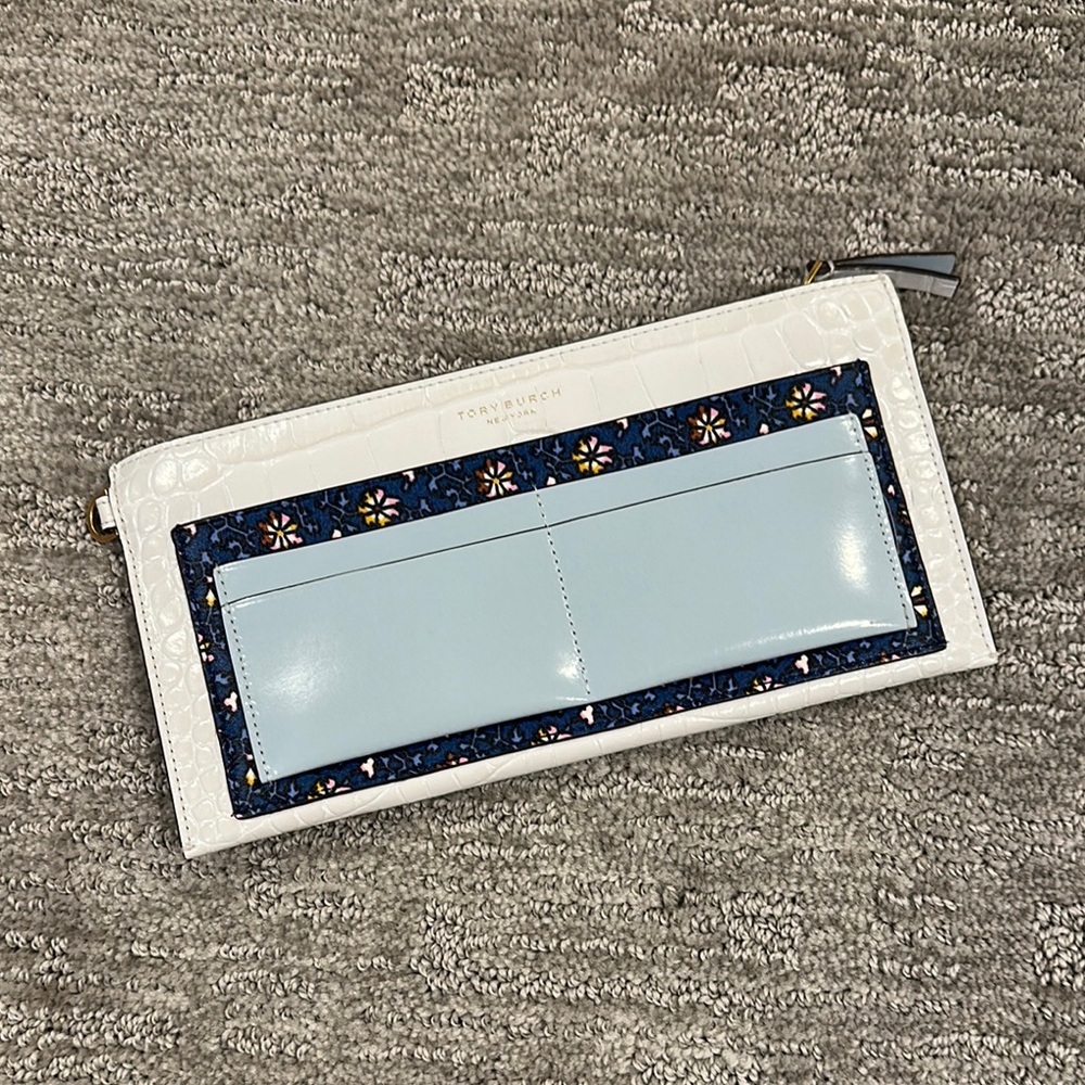 Tory Burch Blue and White Wristlet Clutch